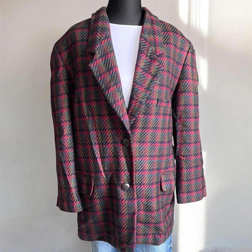 Ellen Tracy Wool Cashmere Plaid Blazer Oversized Checkered Jacket Dark Academia